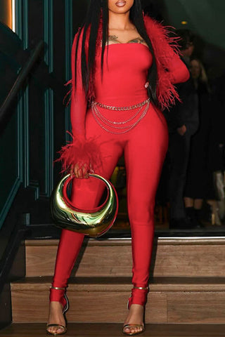 Feather Trim Off-Shoulder Jumpsuit