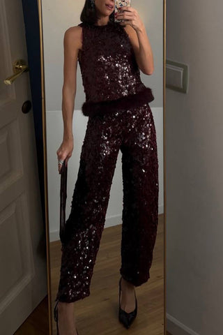 Fur Trim Top & Sequin Pants Set