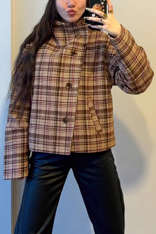 High-Neck Buttoned Plaid Jacket