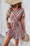 Plunge Neck Striped Tie-Waist Mini Dress