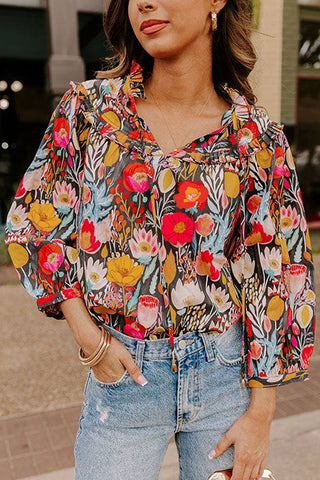 Floral Print Ruffled Collar Blouse