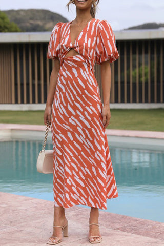 Puff Sleeve Printed Midi Dress