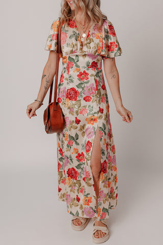 Vintage Floral V Neck Slit Dress
