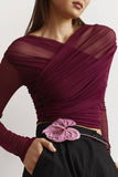 Ruched Mesh Long Sleeve Blouse