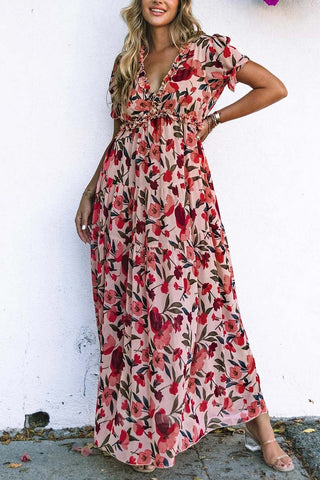 Floral Frilled V Neck Short Sleeve Maxi Dress