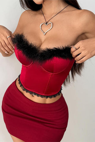 Feather-Trim Strapless Bustier Top