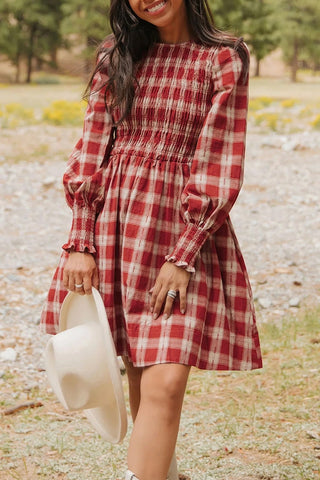 Plaid Smocked Puff Sleeve Mini Dress