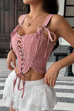 Lace-Up Gingham Tank Top