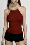 Fur-Trim Halter Tank Top