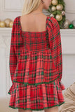 Puff Sleeve Tiered Plaid Dress