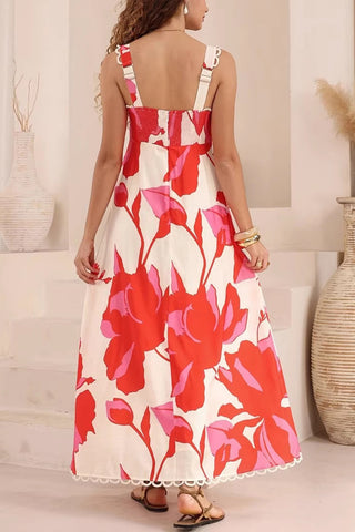 Floral Pattern Maxi Dress with Scallop Trim
