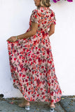 Floral Frilled V Neck Short Sleeve Maxi Dress