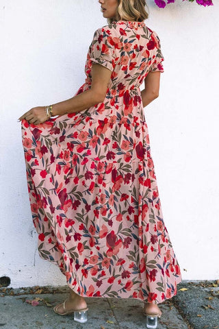 Floral Frilled V Neck Short Sleeve Maxi Dress