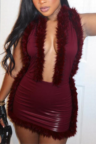 Faux Fur Trim Halter Casual Dress