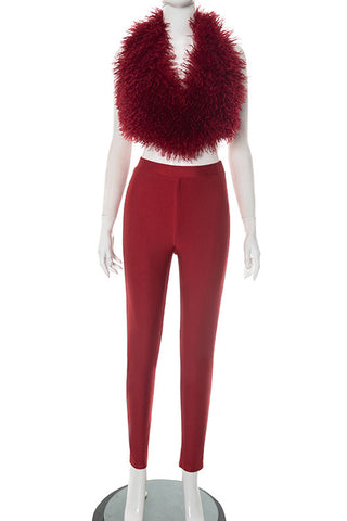 Chic Sleeveless Fuzzy Vest and Pants Set