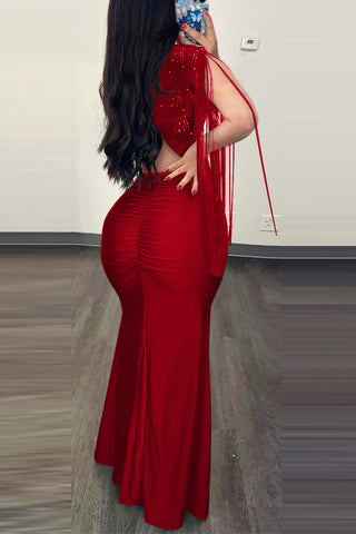 Fringe-Sleeve Evening Dress
