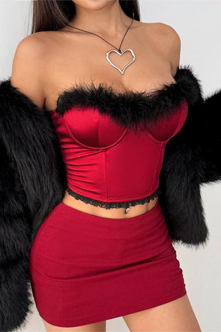 Feather-Trim Strapless Bustier Top