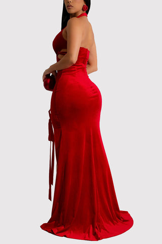 Lace-Up Halter Maxi Dress