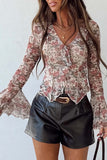 Floral Print Stitched Tie V Neck Blouse