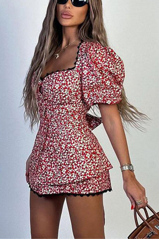 Floral Print Short Set with Lace Trim
