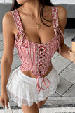 Lace-Up Gingham Tank Top