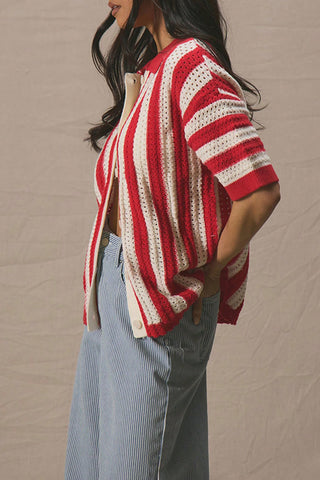 Striped Button-Up Knit Top