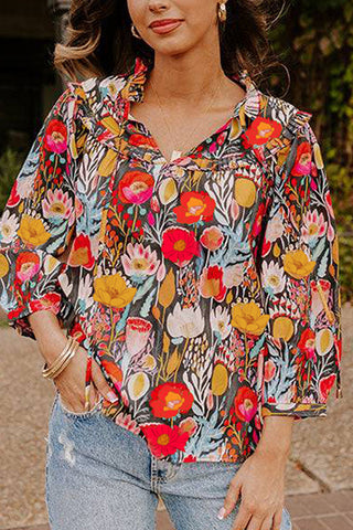 Floral Print Ruffled Collar Blouse