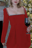 Square Neck Pearl-Accent Dress
