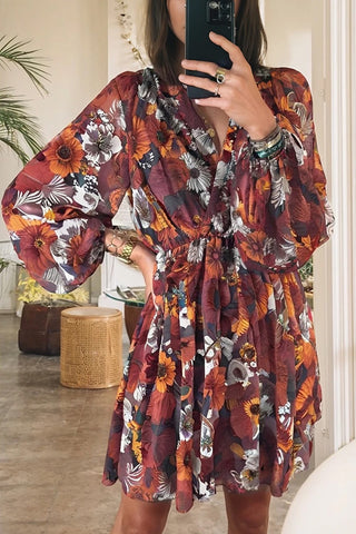 Floral Print Wrap V Neck Mini Dress