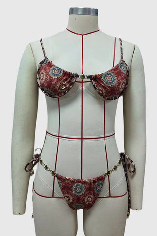 Patterned Bikini Set with Chain Details