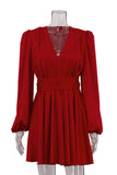 Long Sleeve V-Neck Pleated Dress