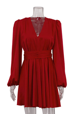 Long Sleeve V-Neck Pleated Dress
