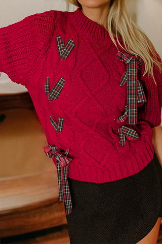 Plaid Lace-Up Puff Sleeve Sweater
