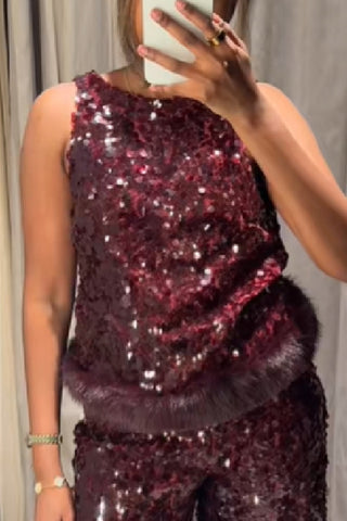Fur Trim Top & Sequin Pants Set