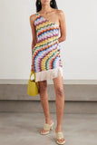 One-Shoulder Fringe Hem Mini Dress