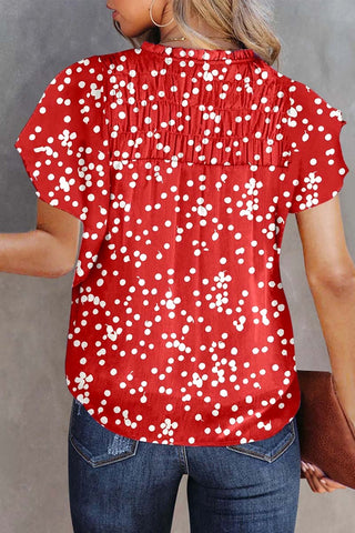Polka Dot Frilly Smocked Neck Short Sleeve Blouse