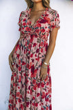 Floral Frilled V Neck Short Sleeve Maxi Dress