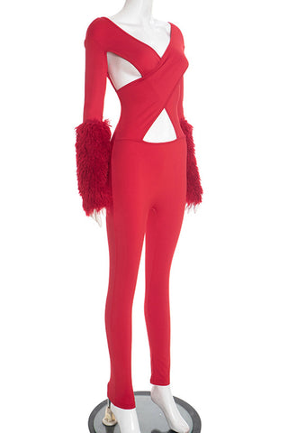 Cutout Long-Sleeve Jumpsuit with Fluffy Cuffs