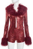 Faux Fur Collar Crocodile-Print Short Set