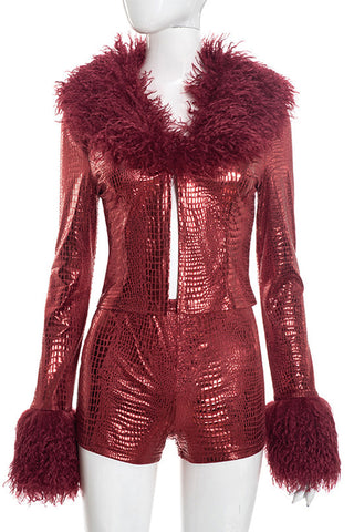 Faux Fur Collar Crocodile-Print Short Set