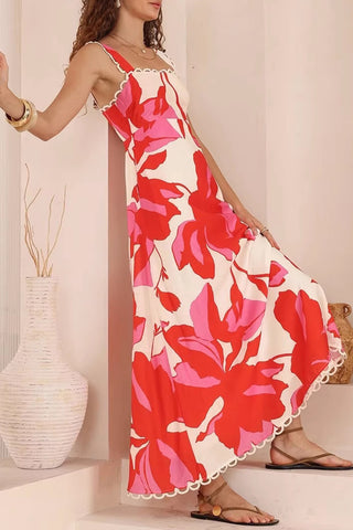 Floral Pattern Maxi Dress with Scallop Trim