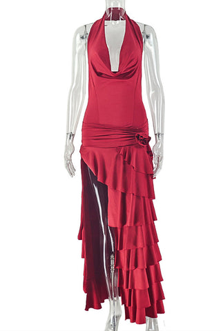 Ruffled Halter Evening Gown