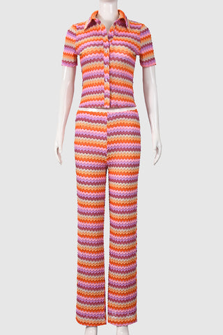Button-Down Wave Pattern Pants Set