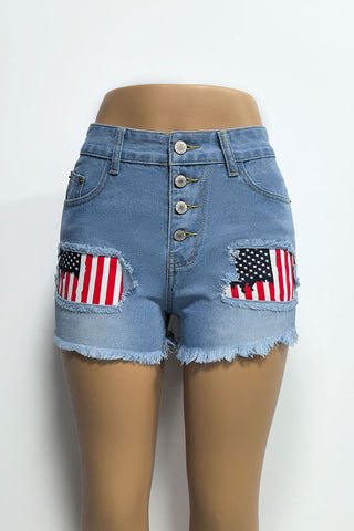 Button-Front Distressed Denim Shorts
