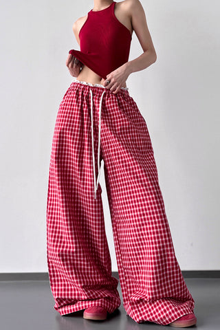 Wide-Leg Gingham Casual Pants