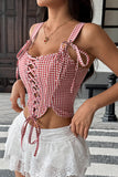 Lace-Up Gingham Tank Top