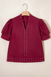Embellished V Neck Puff Sleeve Blouse