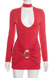 Plunge Neck Long Sleeve Dress