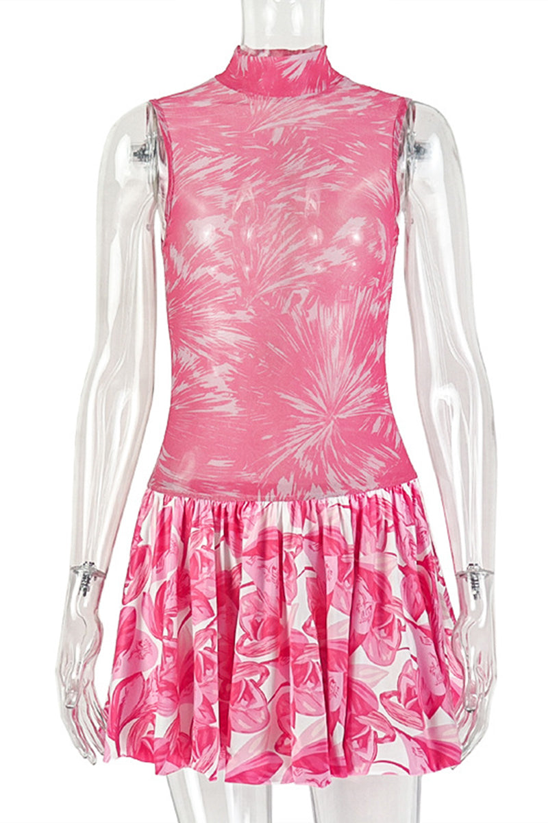 High-Neck Floral Casual Dress