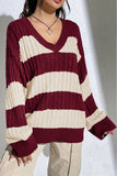 Striped V-Neck Cable Sweater